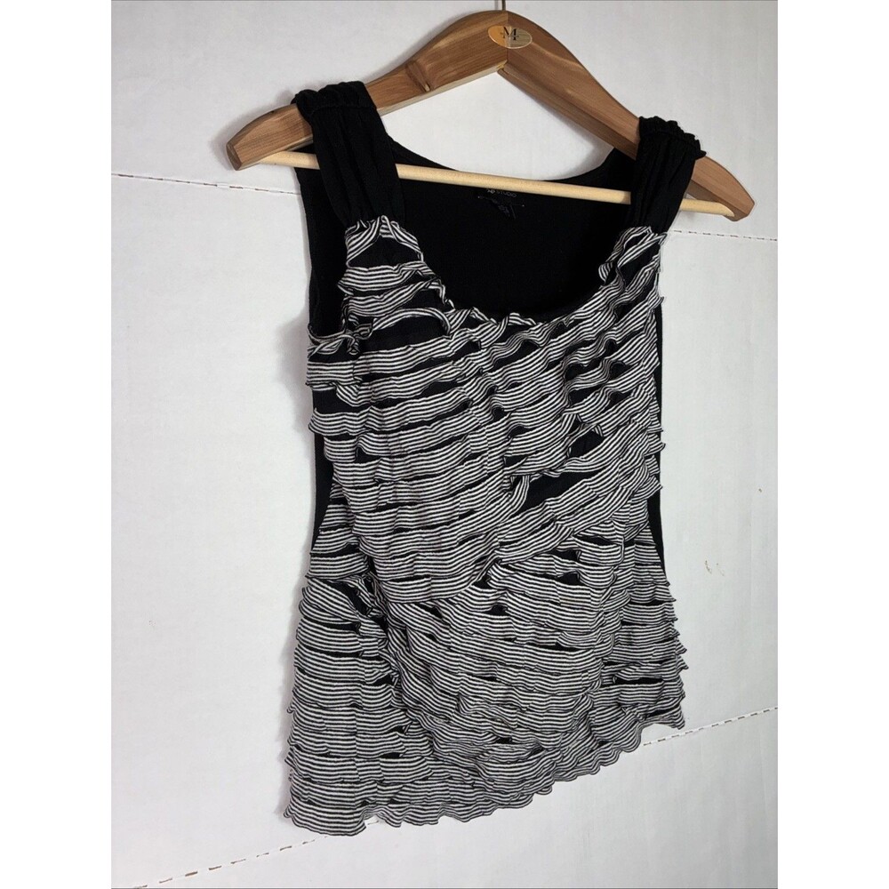 AB Studio Women’s XL Black White Frilly Ruffle Blouse Top Sleeveless